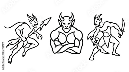 Set of Evil Demons Posing in Black and White