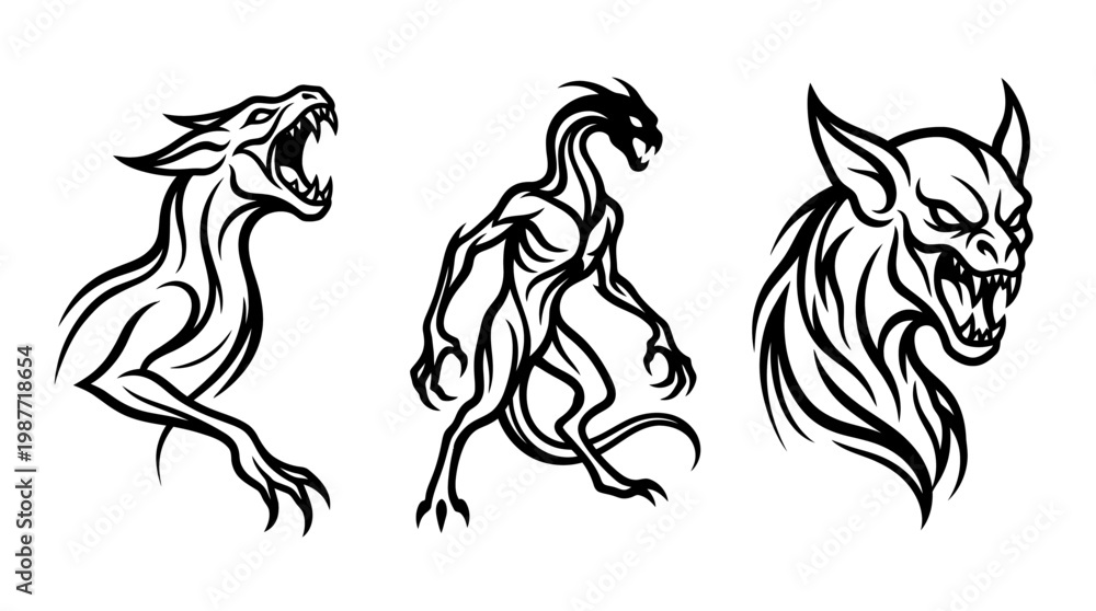 Fototapeta premium Set of Gargoyle Creatures in a Line Art Style
