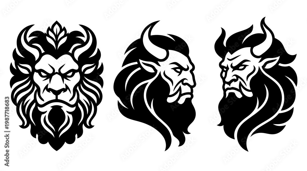 Naklejka premium Mythical Creature Head Logos in Black and White