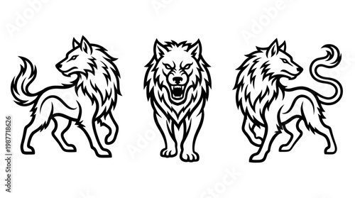 Set of Three Wolf Emblems in Black and White