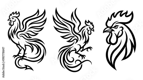 Stylized Rooster Design Elements in Black