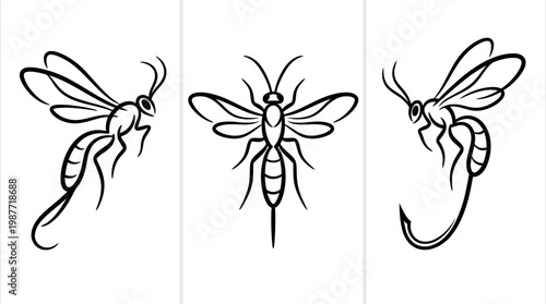 Stylized Line Art of Wasps in Various Poses