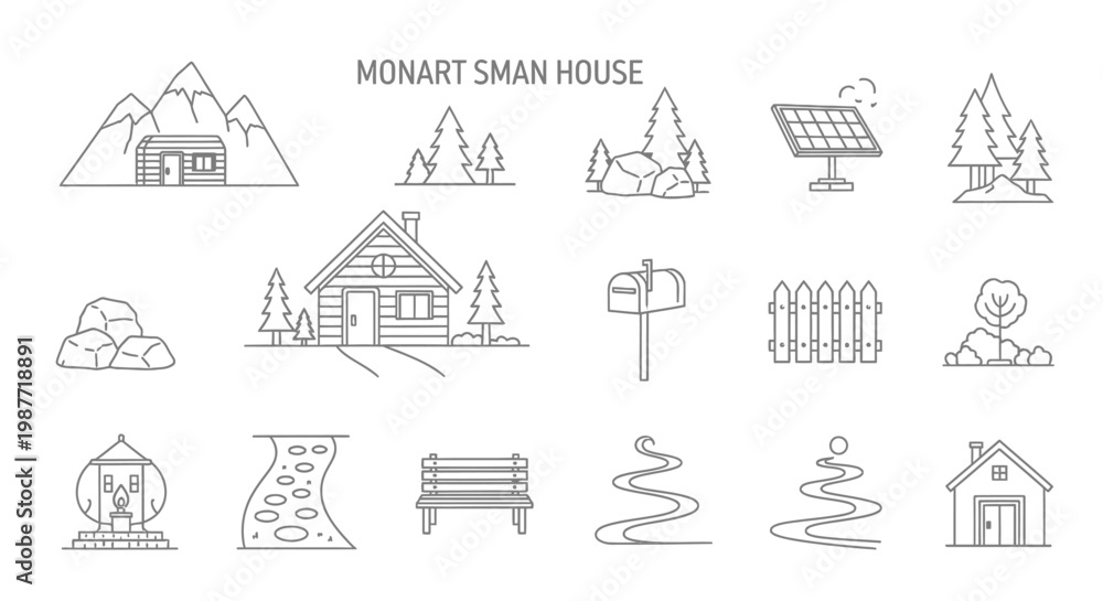 Fototapeta premium Vector icon set for rural landscape, including cabins, trees, mountains, and solar panel.
