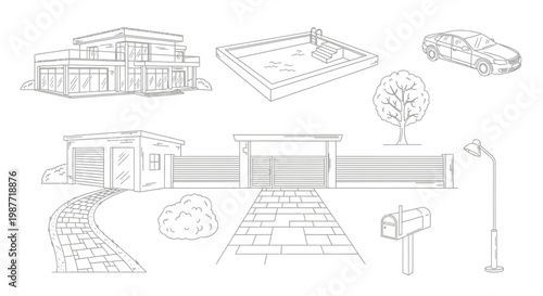 Modern suburban home and amenities illustration