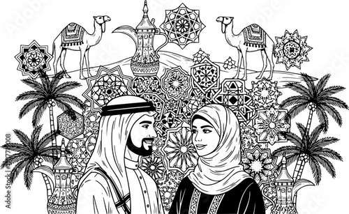 Traditional Arab couple in traditional clothing, surrounded by Islamic geometric patterns, camels, palm trees, and coffee pots.
