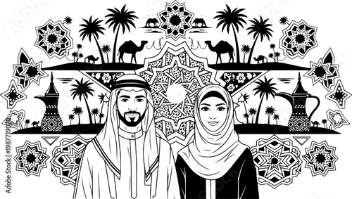 Traditional Arab couple in traditional clothing, surrounded by Islamic geometric patterns, camels, palm trees, and coffee pots.
