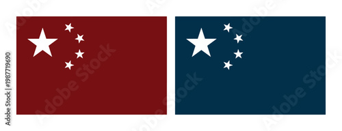 Minimalist flag design with five stars in red and blue, flat vector national symbols, set of two rectangular banners for political or news graphics