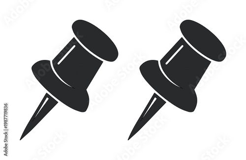 Black push pin vector icons, office stationery thumbtack symbols, minimalist map marker pins, set of two flat pushpins for notice boards