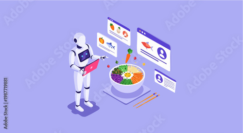 An artificial intelligence robot suggesting personalized healthy food recipes and diet plans in a vector graphic illustration.