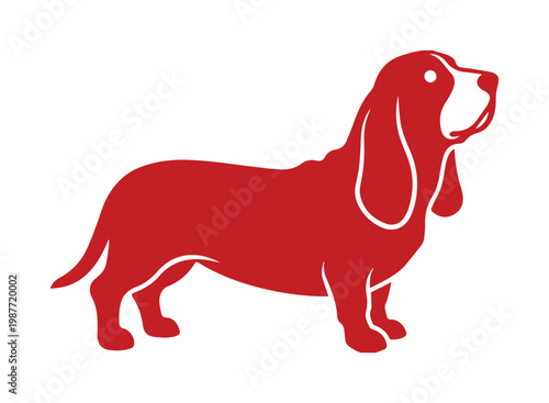Basset Hound dog silhouette vector, red canine pet profile icon, standing purebred hunting dog illustration, minimalist animal logo design