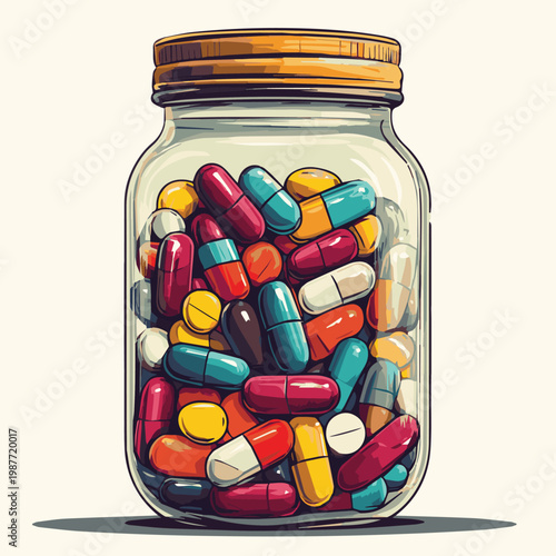 A clear glass jar filled with colorful capsules representing healthcare and wellness.