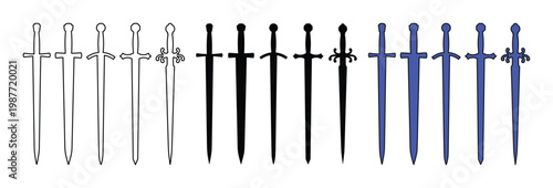 Medieval sword icons set, 15 vector longsword silhouettes in outline and solid styles, ancient knight weapon collection for gaming and heraldry