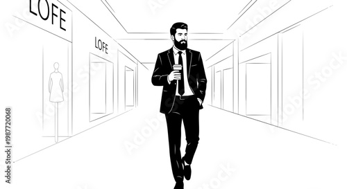 Modern Businessman in Suit Walking with Coffee Cup Illustration