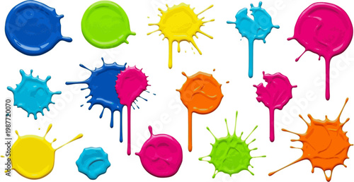 Collection of colorful paint splatters and blobs in various abstract shapes and vibrant colors.

