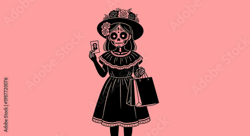 Day of the Dead Catrina Illustration with Shopping Bags on Pink