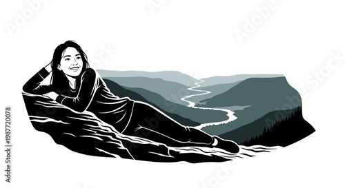 Young Woman Relaxing on a Cliff with Scenic Mountain View Illustration