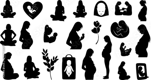 Collection of Silhouette Illustrations Depicting Pregnant Women Engaged in Various Daily Activities and Lifestyles.
