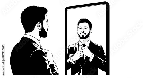 Businessman Adjusting Tie in Mirror Vector Illustration