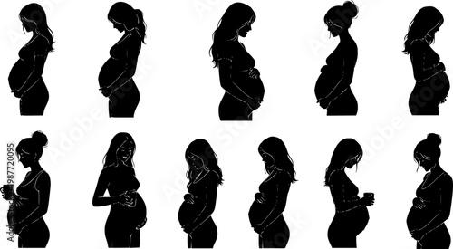 Collection of Silhouette Illustrations Depicting Pregnant Women Engaged in Various Daily Activities and Lifestyles.
