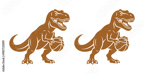 Tyrannosaurus rex basketball mascot vector, brown t-rex dinosaur athlete holding ball, prehistoric predator sports logo illustration