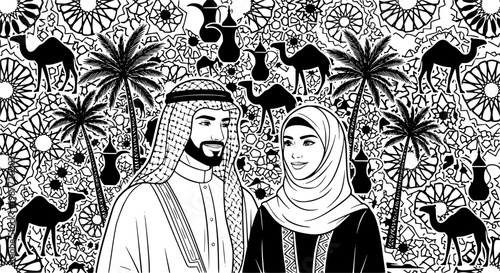 Traditional Arab couple in traditional clothing, surrounded by Islamic geometric patterns, camels, palm trees, and coffee pots.

