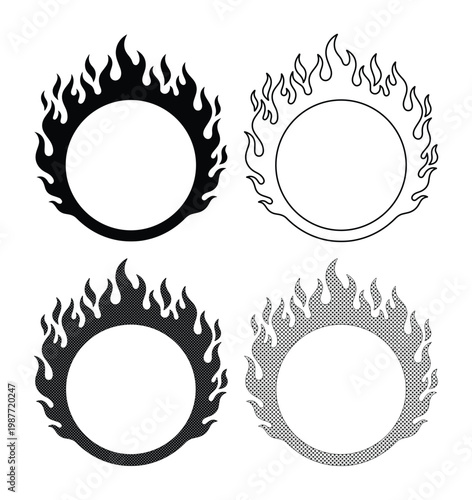 Flaming circle vector set, black fire ring icons, circular flame border collection for logo design and hot rod automotive decals