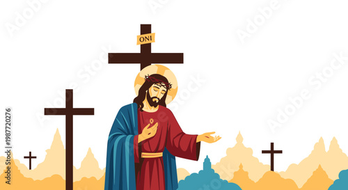 Jesus Christ with Crown of Thorns and Crucifixion Crosses Vector