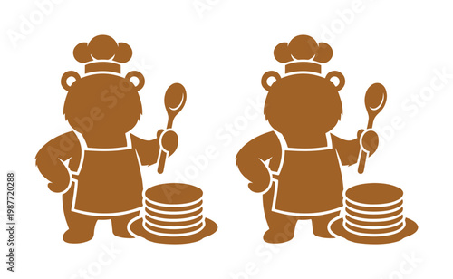 Cute bear chef mascot vector, brown teddy bear baker with apron and hat, cartoon animal cooking pancakes with wooden spoon, bakery logo set