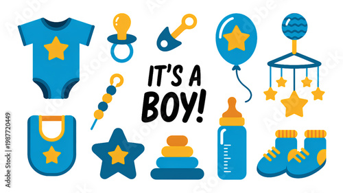 Colorful baby boy celebration icons and illustrations collection Vector