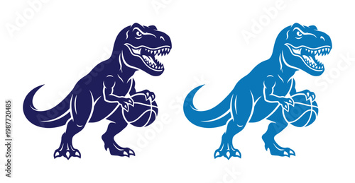 Aggressive Tyrannosaurus Rex basketball mascot vector, fierce T-Rex dinosaur sports logo set, blue prehistoric predator athlete icons