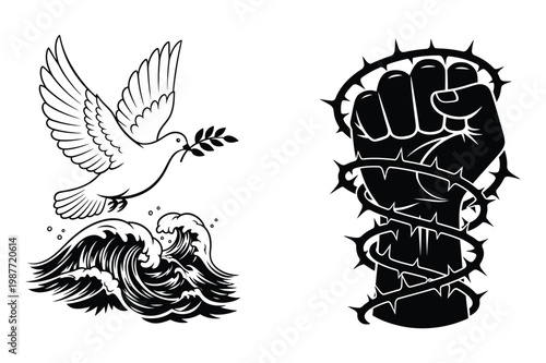 Dove of peace flying over waves next to clenched fist with thorns, clenched