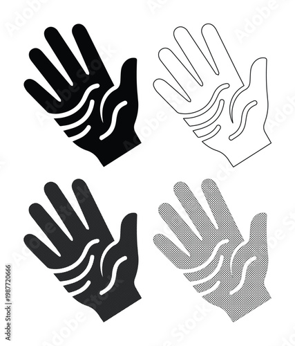 Minimalist hand palm icons with skin lines, set of 4 vector hand symbols in black and grey, human palmistry and dermatology concept graphics