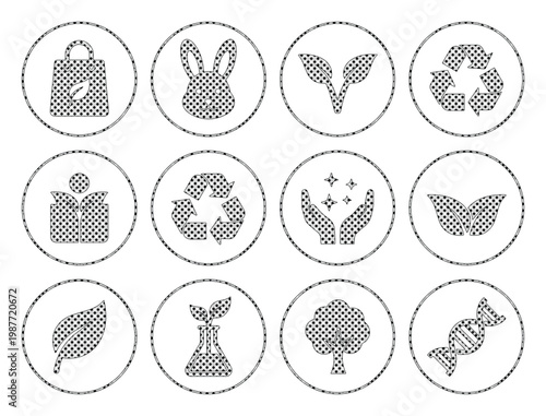 Eco friendly product labels with checkered texture, set of 12 sustainable packaging icons, organic and cruelty free vector badges for branding