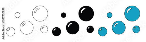 Minimalist soap bubble icons, flat water droplet vector set, blue and black air bubbles