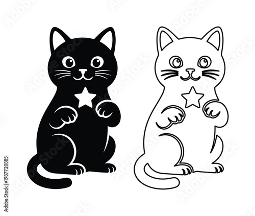 Minimalist cat vector icons, black and white kitten silhouettes, cute feline star graphics