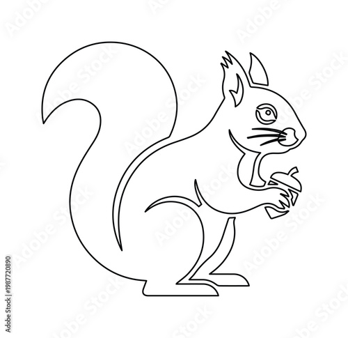 Minimalist squirrel line art vector, forest animal holding acorn, black and white outline icon