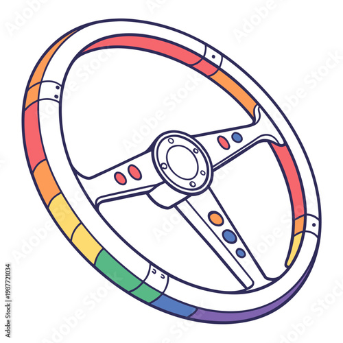 Modern car steering wheel with rainbow segments.