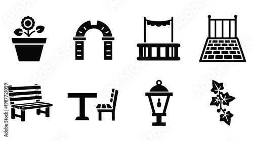 Garden and patio furniture icons set, black silhouette outdoor landscaping elements, 8 vector symbols for backyard design and exterior architecture