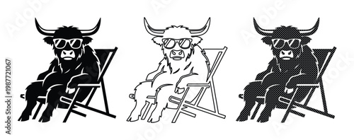 Highland cow wearing sunglasses on beach chair, funny bull summer vacation, 3 vector icons set
