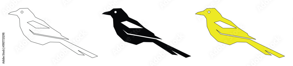 Fototapeta premium Minimalist bird vector icons, black and yellow magpie silhouettes, 3 avian graphic elements