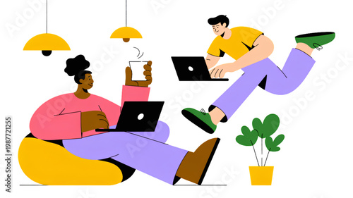 Creative professional working remotely with plants and laptop on colorful floor Vector