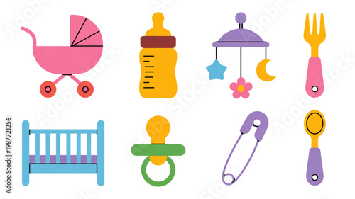 Collection of baby essentials and nursery items for a newborn setup Vector