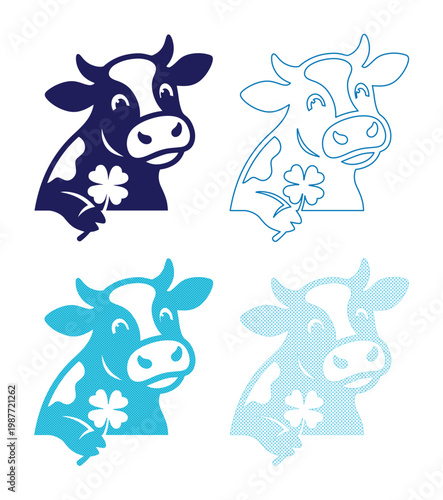Cute cow character holding clover leaf, happy cow head vector set, blue farm animal icons