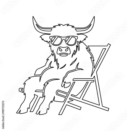 Highland cow wearing sunglasses on beach chair, funny bull line art vector, summer animal icon