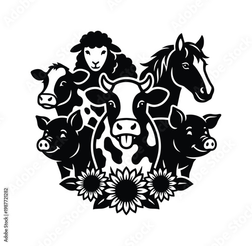 Foto Farm animal vector illustration, black and white livestock icons, rustic barnyar
