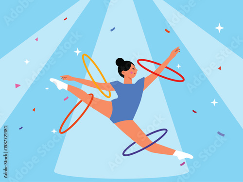 A female rhythmic gymnast performing with hoops. Circus illustrations. Flat vector concepts.