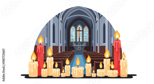 Gothic Church Interior Illustration with Lit Prayer Candles