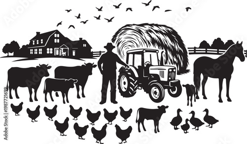 Farm animals, tractor, and farmer silhouette, black vector icons, rural landscape, agriculture symbols