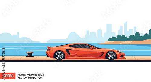 Side view of a modern orange sports car on a seaside pier