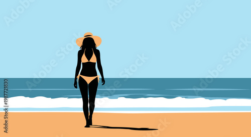 Silhouette of a Woman in a Bikini Walking on a Sunny Beach